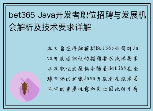 bet365 Java开发者职位招聘与发展机会解析及技术要求详解